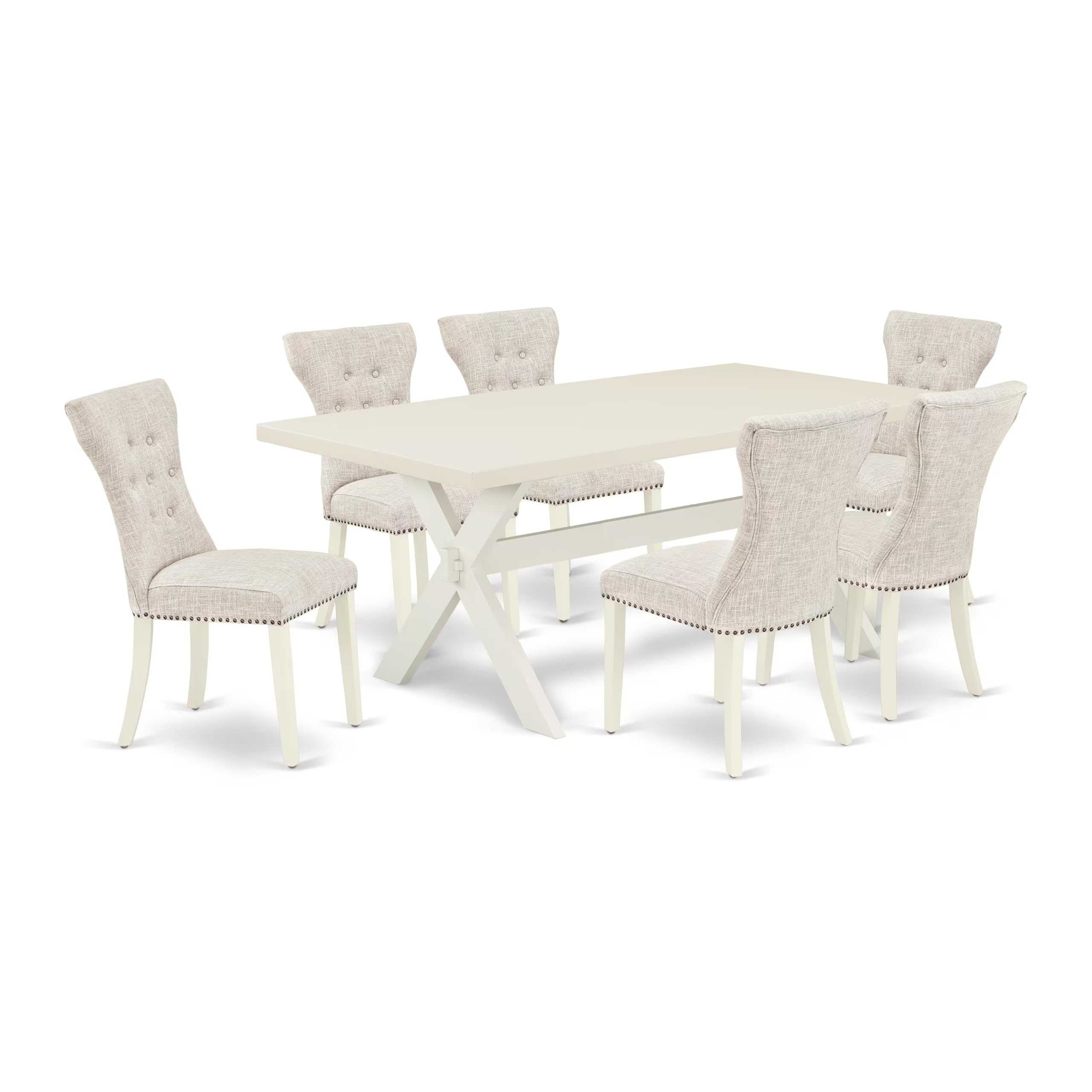 East West Furniture X027Ga235-7 7 Piece Dining Room Table Set Consist Of A Rectangle Dining Table With X-Legs And 6 Doeskin Linen Fabric Upholstered Parson Chairs, 40X72 Inch, Multi-Color